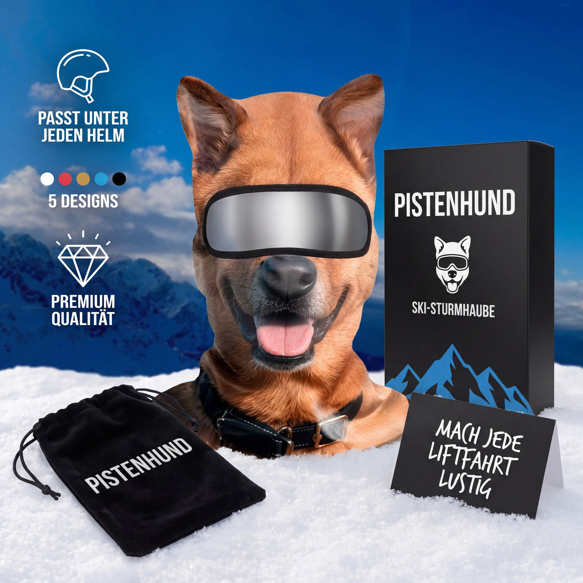 Pistenhund Ski-Sturmhaube im Schnee mit Box