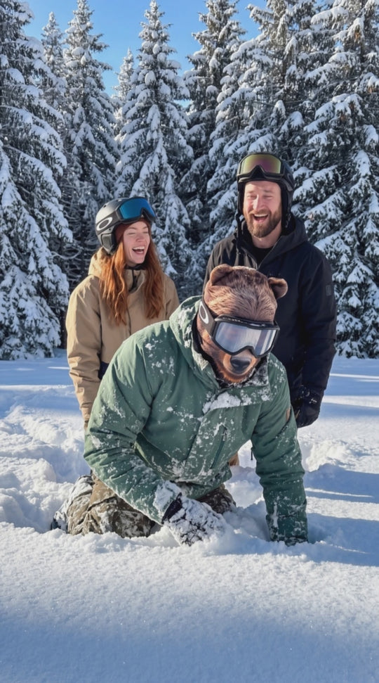 Pistenhund-Maske im Tiefschnee