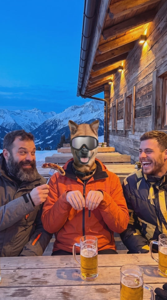 Pistenhund-Maske bekommt ein Leckerli
