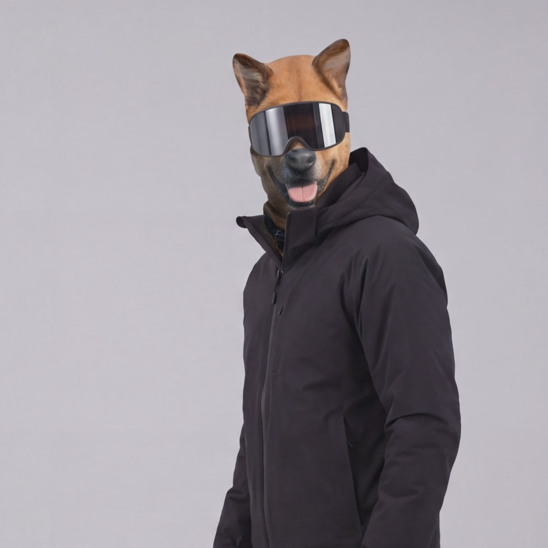 Fünf Leute mit Pistenhund-Masken: Brauner Hund, Husky, Weißer Hund, Bär, Dalmatiner