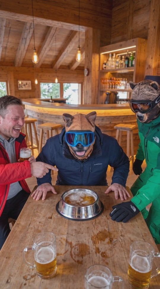 Pistenhund-Maske auf der Hütte